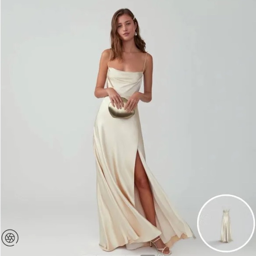 Yellow Satin Cowl Neck Slip Dress with Slit